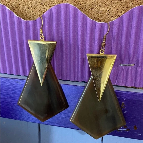 Gold Triangle Top Brown Geometric Drop Earrings - Women Jewelry 3 inch - Picture 4 of 6